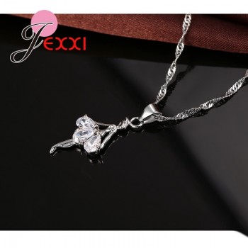 Elegant 925 Sterling Silver Ballerina Necklace Earrings Set With Shiny Crystal Women Girls Wedding Engagement Jewelry Set