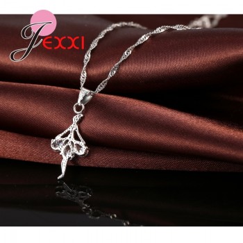 Elegant 925 Sterling Silver Ballerina Necklace Earrings Set With Shiny Crystal Women Girls Wedding Engagement Jewelry Set