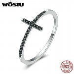 WOSTU  100% Pure 925 Sterling Silver Belief Cross Finger Rings With Black Zirconia Stone For Women Party Gift Jewelry CQR067