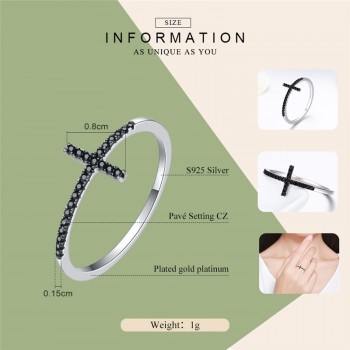 WOSTU  100% Pure 925 Sterling Silver Belief Cross Finger Rings With Black Zirconia Stone For Women Party Gift Jewelry CQR067