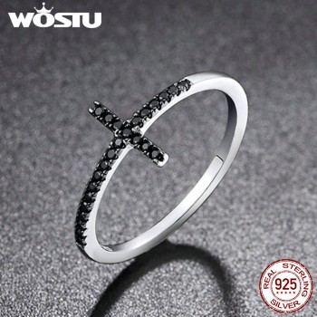 WOSTU  100% Pure 925 Sterling Silver Belief Cross Finger Rings With Black Zirconia Stone For Women Party Gift Jewelry CQR067