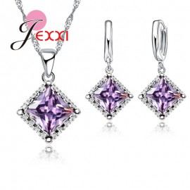 Jemmin Top Quality Women Amethyst 925 Sterling Silver Pendant Necklace Earrings Set For Engagement Bridal Wedding Jewelry Sets