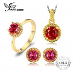 JewelryPalace New Created Ruby Solitaire Ring Stud Earrings Pendant Necklace Jewelry Sets 925 Sterling Silver Gold Plated