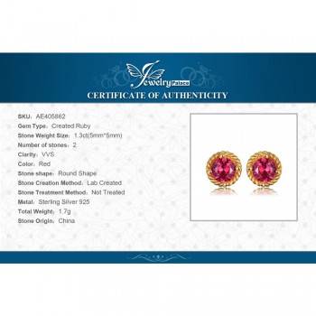 JewelryPalace New Created Ruby Solitaire Ring Stud Earrings Pendant Necklace Jewelry Sets 925 Sterling Silver Gold Plated