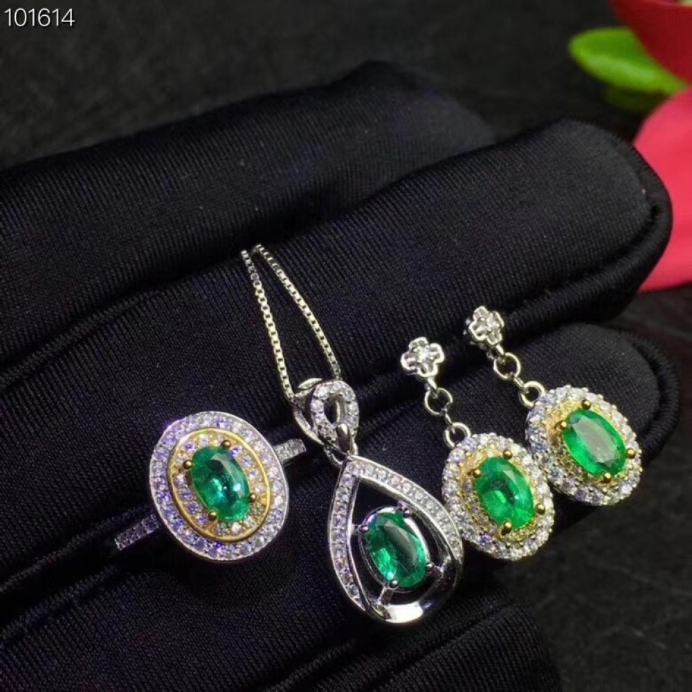Natural and Real Emerald jewelry set Natural Real Emerald 925 sterling silver 1pc pendant,1pc ring ,2pcs Earring