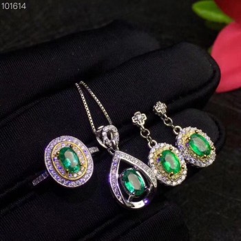 Natural and Real Emerald jewelry set Natural Real Emerald 925 sterling silver 1pc pendant,1pc ring ,2pcs Earring