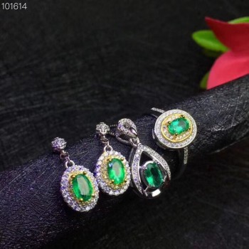 Natural and Real Emerald jewelry set Natural Real Emerald 925 sterling silver 1pc pendant,1pc ring ,2pcs Earring