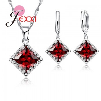 Jemmin Bridal Jewelry Sets 925 Sterling Silver Fine Jewelry Red Austrian Crystal Pendant Necklaces Earrings For Women Bijoux