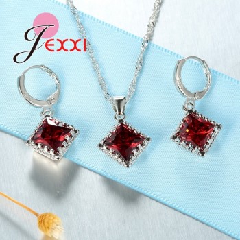 Jemmin Bridal Jewelry Sets 925 Sterling Silver Fine Jewelry Red Austrian Crystal Pendant Necklaces Earrings For Women Bijoux