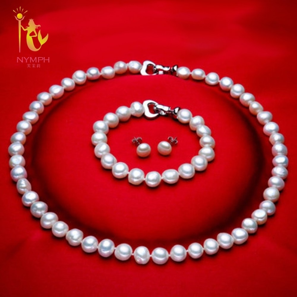 [NYMPH]  Genuine Baroque Pearl jewery sets  natural freshwater pearl necklace bracelet earrings 8-9mm fine jewelry [t1010]