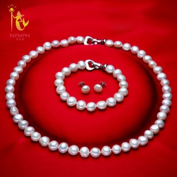 [NYMPH]  Genuine Baroque Pearl jewery sets  natural freshwater pearl necklace bracelet earrings 8-9mm fine jewelry [t1010]