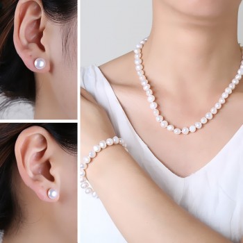 [NYMPH]  Genuine Baroque Pearl jewery sets  natural freshwater pearl necklace bracelet earrings 8-9mm fine jewelry [t1010]