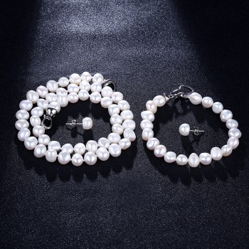 [NYMPH]  Genuine Baroque Pearl jewery sets  natural freshwater pearl necklace bracelet earrings 8-9mm fine jewelry [t1010]