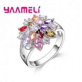 YAAMELI Summer Flowers Finger Rings for Women Gifts 925 Sterling Silver Rainbow Colored Cubic Zircon Stone Sparkling Jewelry