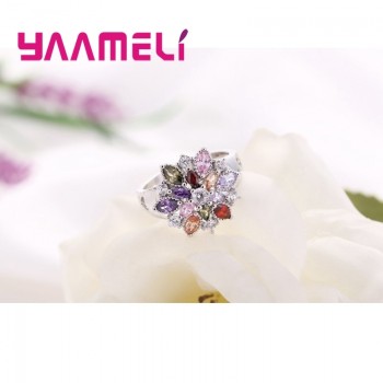 YAAMELI Summer Flowers Finger Rings for Women Gifts 925 Sterling Silver Rainbow Colored Cubic Zircon Stone Sparkling Jewelry