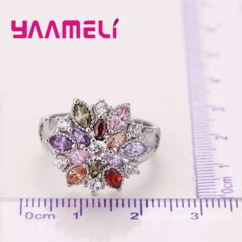 YAAMELI Summer Flowers Finger Rings for Women Gifts 925 Sterling Silver Rainbow Colored Cubic Zircon Stone Sparkling Jewelry