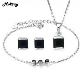 MoBuy 3PCS Simple Style Jewelry Sets Natural Gemstone Black Chalcedony 925 Sterling Silver Fine Jewelry For Women V008BENH