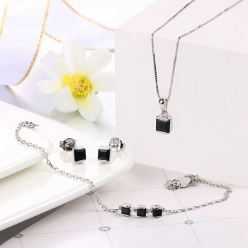 MoBuy 3PCS Simple Style Jewelry Sets Natural Gemstone Black Chalcedony 925 Sterling Silver Fine Jewelry For Women V008BENH
