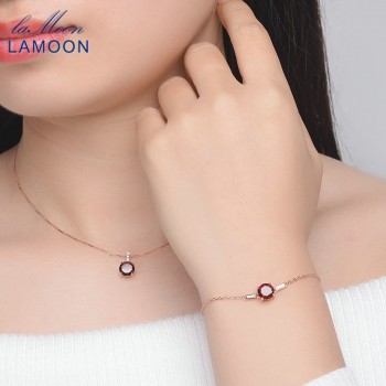 LAMOON Trendy 2ct Natural Red Garnet 925 Sterling Silver Jewelry Sets S925 Earrings+Rings+Bracelets+Necklaces for Women V014-1
