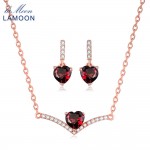 LAMOON 100% Natural Heart Red Garnet Jewelry Sets 925-Sterling-Silver Real Natural Gemstone Necklace+Earrings for Women V004-5