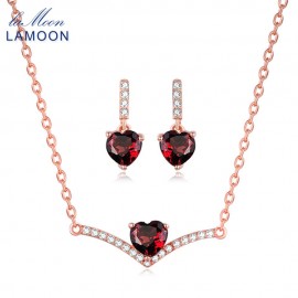 LAMOON 100% Natural Heart Red Garnet Jewelry Sets 925-Sterling-Silver Real Natural Gemstone Necklace+Earrings for Women V004-5