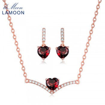LAMOON 100% Natural Heart Red Garnet Jewelry Sets 925-Sterling-Silver Real Natural Gemstone Necklace+Earrings for Women V004-5