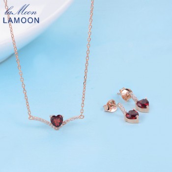 LAMOON 100% Natural Heart Red Garnet Jewelry Sets 925-Sterling-Silver Real Natural Gemstone Necklace+Earrings for Women V004-5