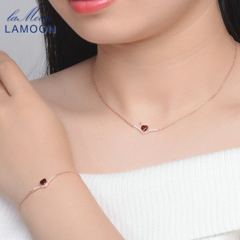 LAMOON 100% Natural Heart Red Garnet Jewelry Sets 925-Sterling-Silver Real Natural Gemstone Necklace+Earrings for Women V004-5