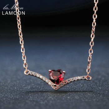 LAMOON 100% Natural Heart Red Garnet Jewelry Sets 925-Sterling-Silver Real Natural Gemstone Necklace+Earrings for Women V004-5