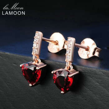 LAMOON 100% Natural Heart Red Garnet Jewelry Sets 925-Sterling-Silver Real Natural Gemstone Necklace+Earrings for Women V004-5