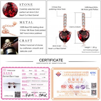 LAMOON 100% Natural Heart Red Garnet Jewelry Sets 925-Sterling-Silver Real Natural Gemstone Necklace+Earrings for Women V004-5