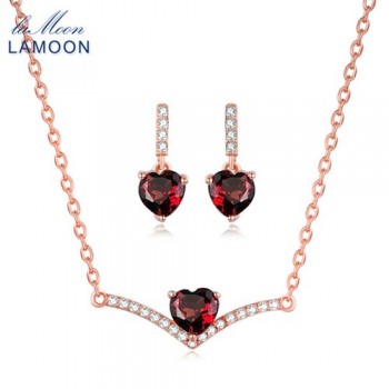 LAMOON 100% Natural Heart Red Garnet Jewelry Sets 925-Sterling-Silver Real Natural Gemstone Necklace+Earrings for Women V004-5