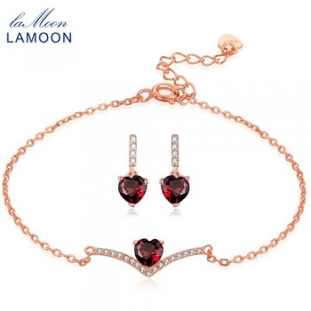 LAMOON 100% Natural Heart Red Garnet Jewelry Sets 925-Sterling-Silver Real Natural Gemstone Necklace+Earrings for Women V004-5