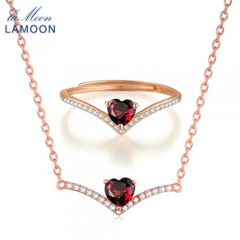 LAMOON 100% Natural Heart Red Garnet Jewelry Sets 925-Sterling-Silver Real Natural Gemstone Necklace+Earrings for Women V004-5