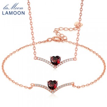 LAMOON 100% Natural Heart Red Garnet Jewelry Sets 925-Sterling-Silver Real Natural Gemstone Necklace+Earrings for Women V004-5