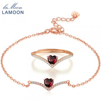 LAMOON 100% Natural Heart Red Garnet Jewelry Sets 925-Sterling-Silver Real Natural Gemstone Necklace+Earrings for Women V004-5