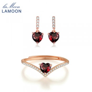 LAMOON 100% Natural Heart Red Garnet Jewelry Sets 925-Sterling-Silver Real Natural Gemstone Necklace+Earrings for Women V004-5