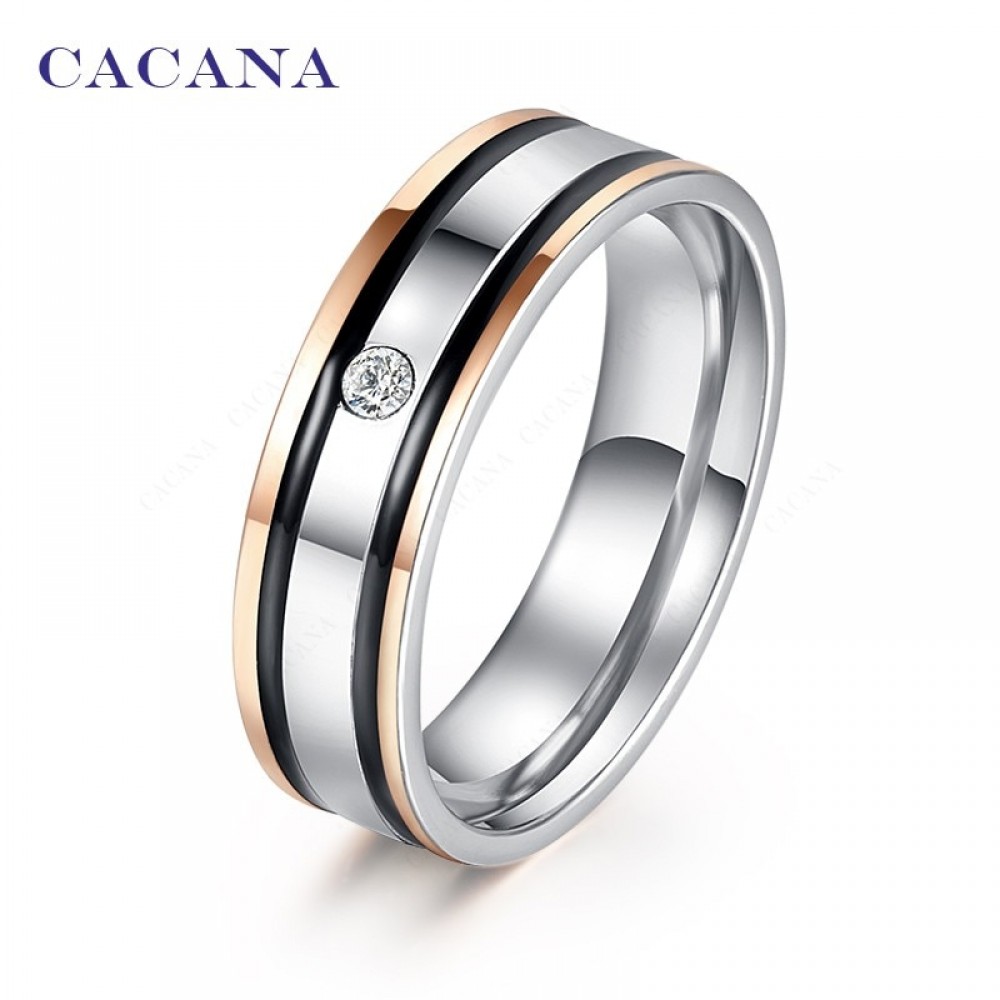 CACANA  Stainless Steel Rings For Women Elegant Double Black Border With A CZ  Fashion Jewelry Wholesale NO.R136