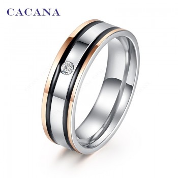CACANA  Stainless Steel Rings For Women Elegant Double Black Border With A CZ  Fashion Jewelry Wholesale NO.R136