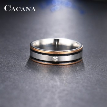 CACANA  Stainless Steel Rings For Women Elegant Double Black Border With A CZ  Fashion Jewelry Wholesale NO.R136
