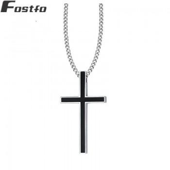 Fostfo New Black Cross Necklaces amp; Pendants For Mens Stainless Steel Silver Color Chain Male Necklace Christian Jewelry