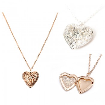2018 New Creative Heart Shape Hollowed Photo Secret Medallion Necklace Alloy Pendant Necklace Set Friends Couples Gifts Jewelry