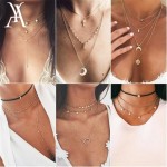 Boho Minimalist Thin Chain Multi Layered Women Necklaces Coconut Tree Horn Crescent Moon Star Pendants Necklace for Women Choker