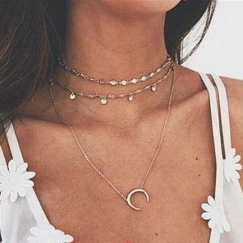 Boho Minimalist Thin Chain Multi Layered Women Necklaces Coconut Tree Horn Crescent Moon Star Pendants Necklace for Women Choker