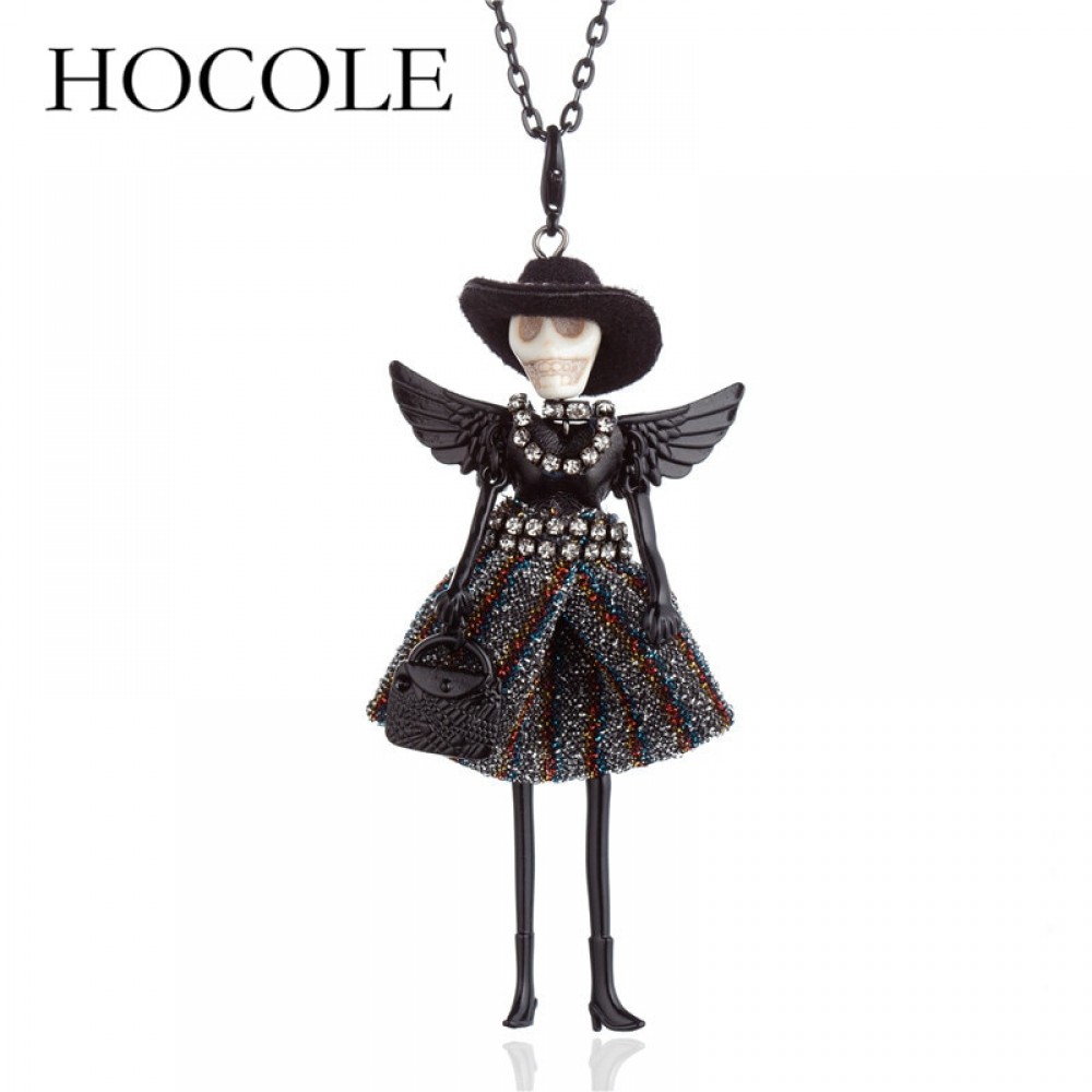 HOCOLE 2018 New Skull Head Wing Doll Pendant Necklace Black Long Sweater Chain French Doll Necklace For Women Halloween Jewelry