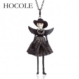 HOCOLE 2018 New Skull Head Wing Doll Pendant Necklace Black Long Sweater Chain French Doll Necklace For Women Halloween Jewelry