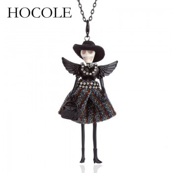 HOCOLE 2018 New Skull Head Wing Doll Pendant Necklace Black Long Sweater Chain French Doll Necklace For Women Halloween Jewelry