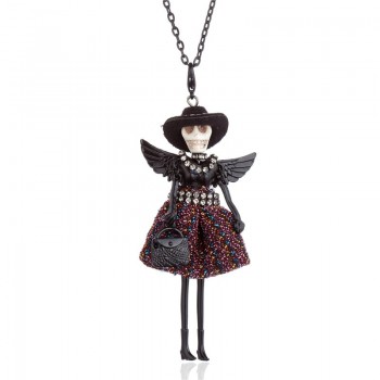 HOCOLE 2018 New Skull Head Wing Doll Pendant Necklace Black Long Sweater Chain French Doll Necklace For Women Halloween Jewelry