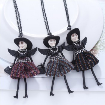 HOCOLE 2018 New Skull Head Wing Doll Pendant Necklace Black Long Sweater Chain French Doll Necklace For Women Halloween Jewelry