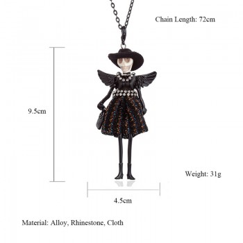 HOCOLE 2018 New Skull Head Wing Doll Pendant Necklace Black Long Sweater Chain French Doll Necklace For Women Halloween Jewelry